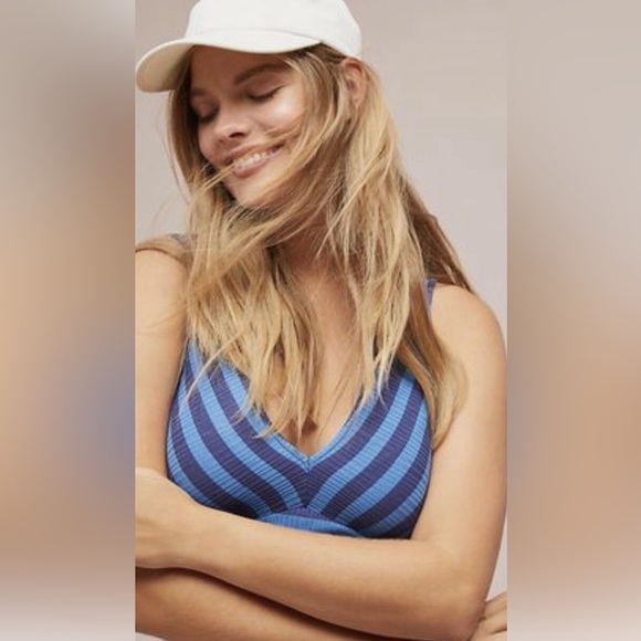 Anthropologie Maeve Only My Striped Dress Maxi Stretch Rib V Neck Fit Flare Blue - Picture 3 of 9